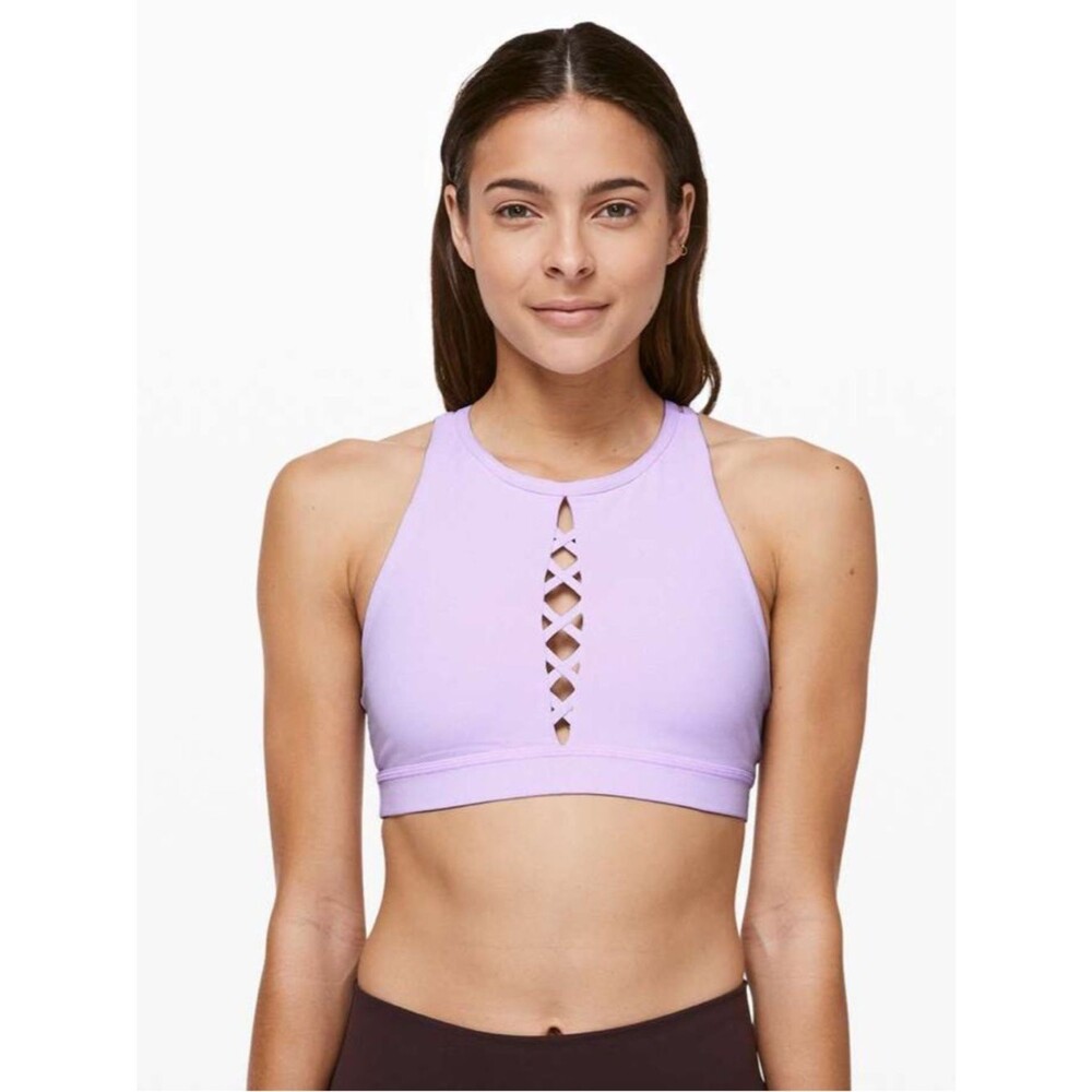 Lululemon women’s Energy Bra High Neck *Laced in Sheer Violet sports bra 8 EUC